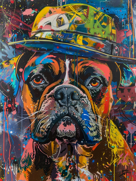 Colorful space Bulldog dog with a hat Expressive surreal Poster # F025182