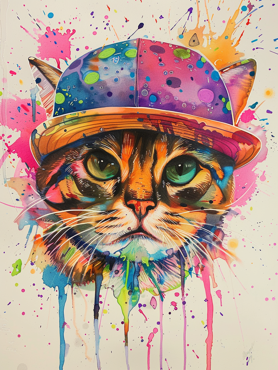 colorful space Bengal cat with a hat by Gotlib Bran Expressive surreal Poster # F024672