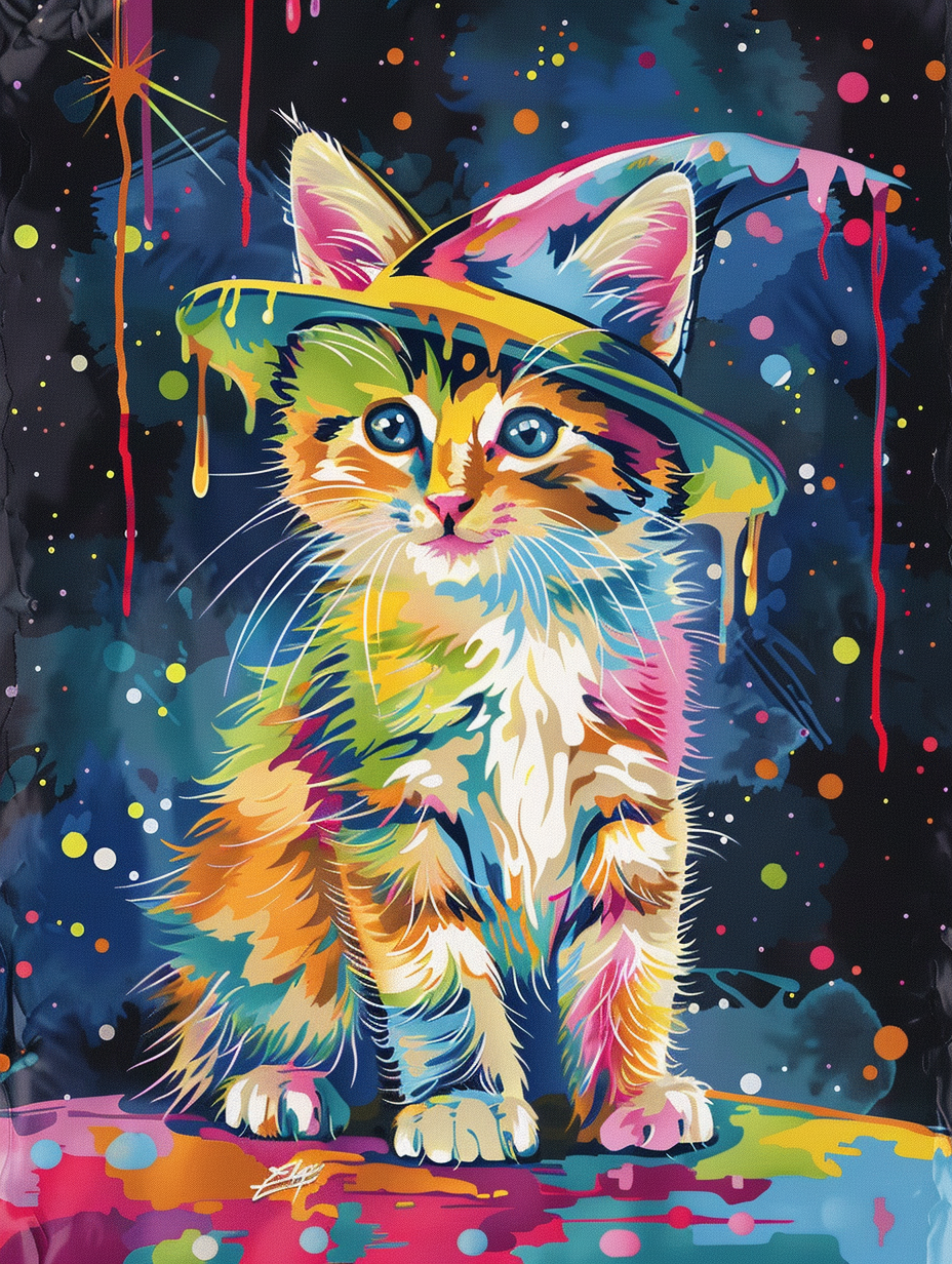 Colorful space Ragdoll cat with a hat Expressive surreal Poster # F025304