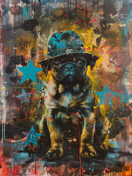 Colorful space Pug dog with a hat Expressive surreal Poster # F024996