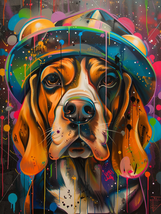 colorful space Beagle dog with a hat Expressive surreal Poster # F025422