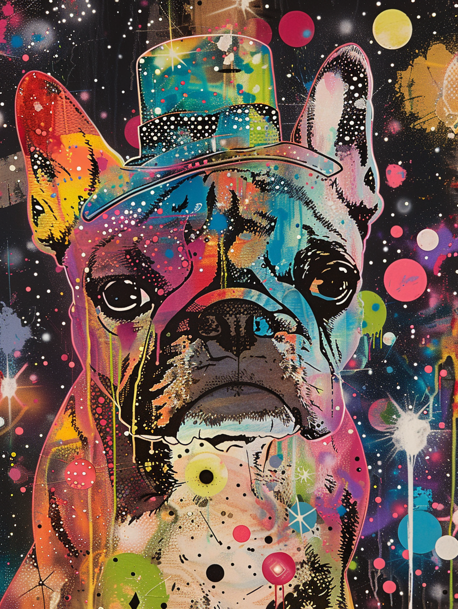 Colorful space Bulldog dog with a hat Expressive surreal Poster # F025391
