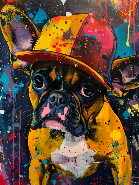 colorful space Boston Terrier dog with a hat Expressive surreal Poster # F025494