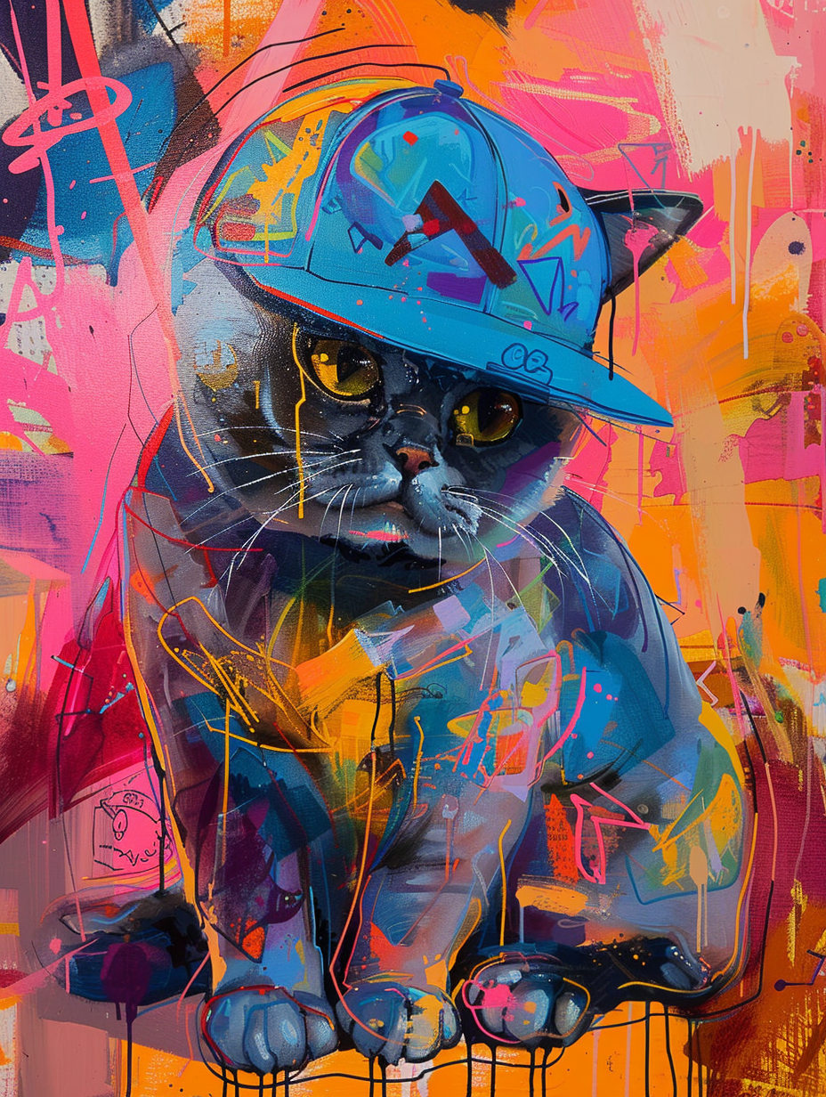colorful space British Shorthair cat with a hat Expressive surreal Poster # F025321