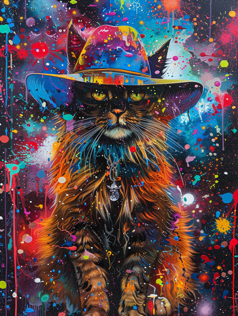Colorful space Somali cat with a hat Expressive surreal Poster # F024681