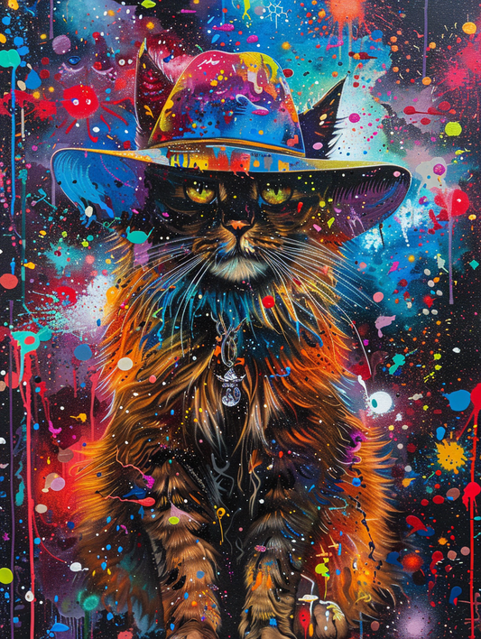 Colorful space Somali cat with a hat Expressive surreal Poster # F024681