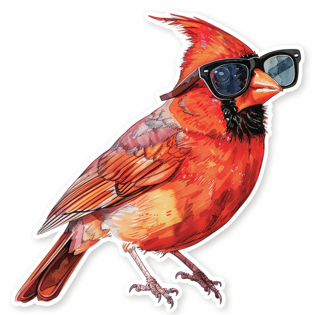 Cardinal Bird wearing sunglasses maje Expressive surreal Vinyl Decal Sticker for Car, Laptop, Tumbler and more # F024214