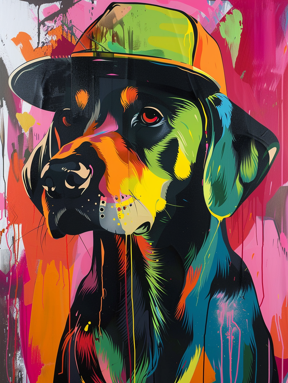 colorful space Labrador Retriever dog with a hat Expressive surreal Poster # F025049