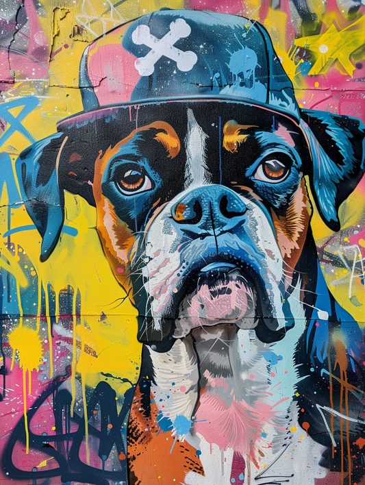 Colorful space Boxer dog with a hat Expressive surreal Poster # F024873