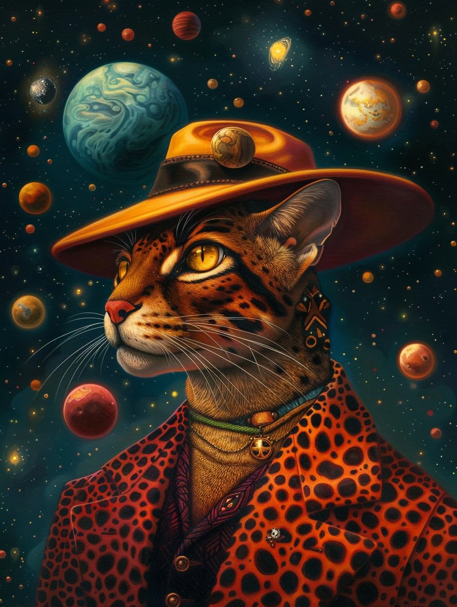 Colorful space Savannah cat with a hat Expressive surreal Poster # F025376