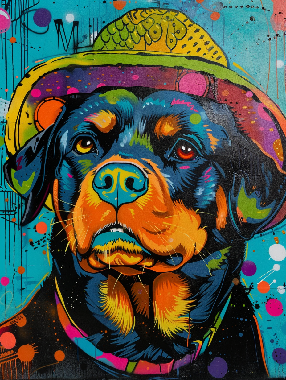 Colorful space Rottweiler dog with a hat Expressive surreal Poster # F024940