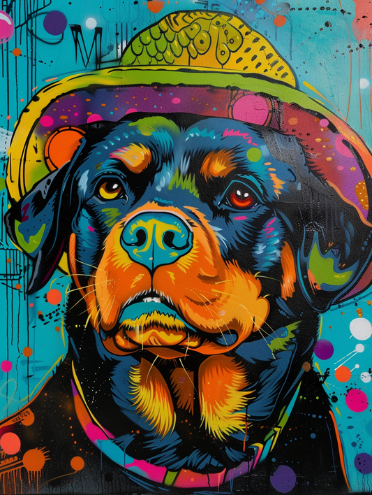 Colorful space Rottweiler dog with a hat Expressive surreal Poster # F024940
