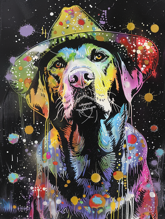colorful space Labrador Retriever dog with a hat Expressive surreal Poster # F025174