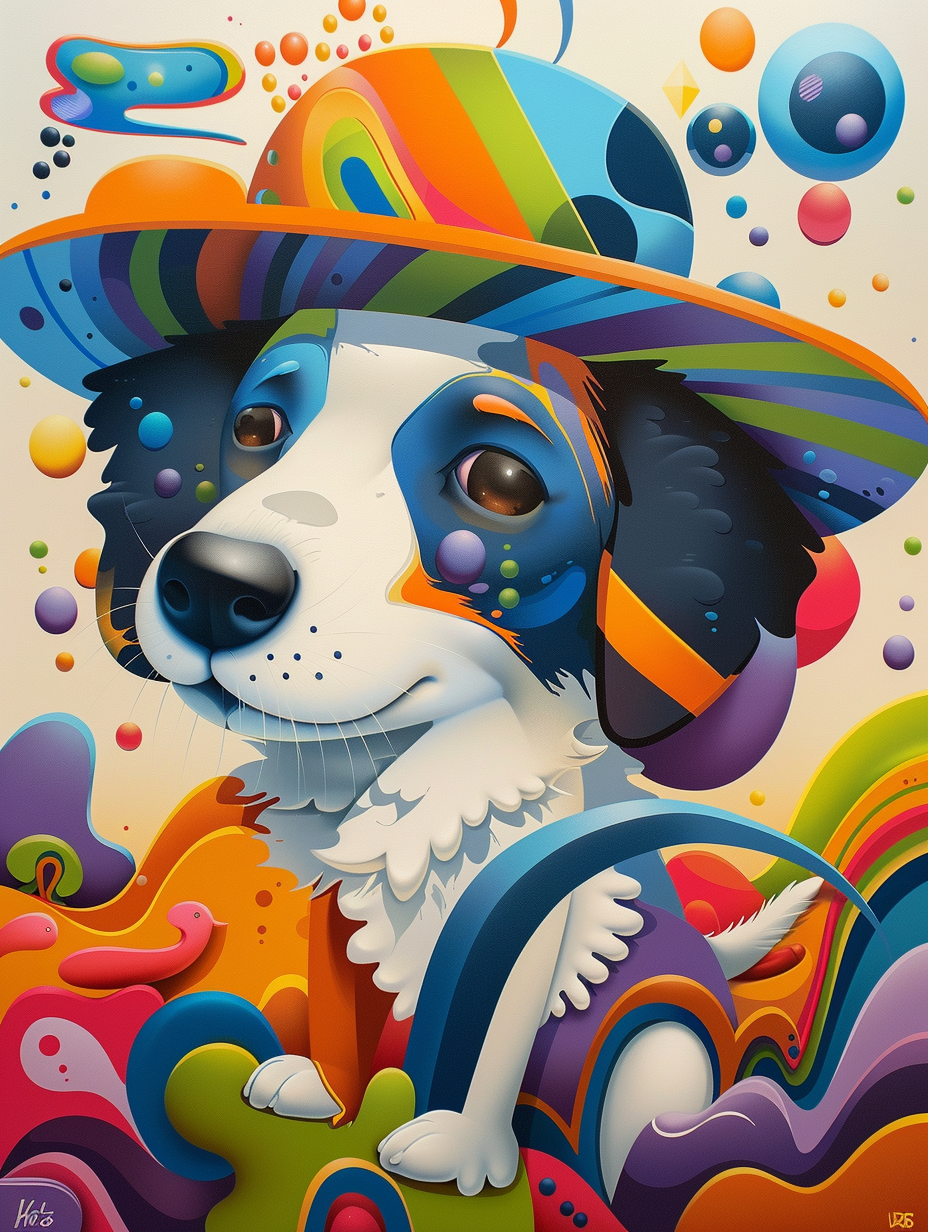 Colorful space Border Collie dog with a hat Expressive surreal Poster # F025511
