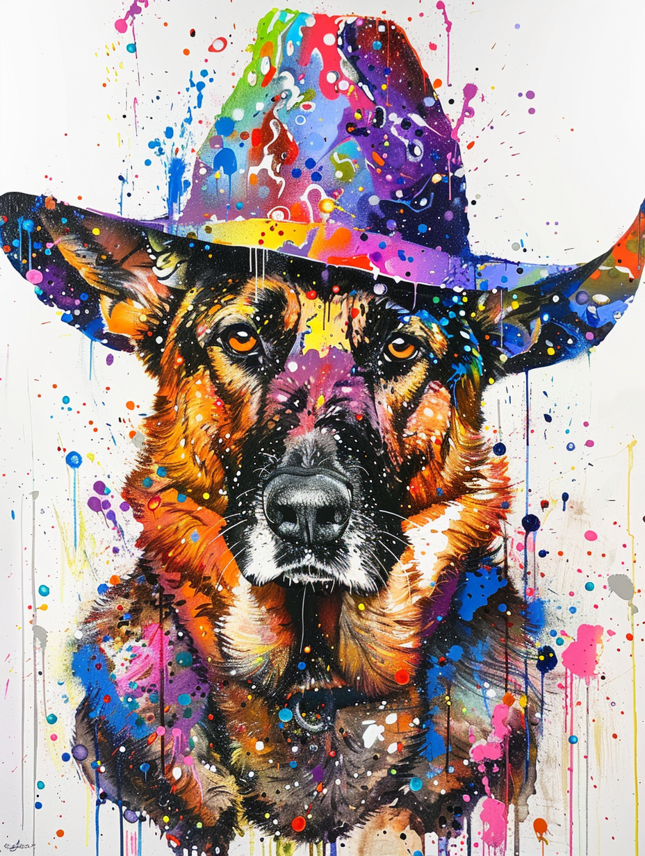 Colorful space German Shepherd dog with a hat Expressive surreal Poster # F025032