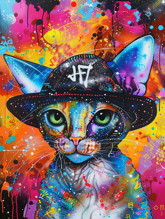 Colorful space Devon Rex cat with a hat Expressive surreal Poster # F025208