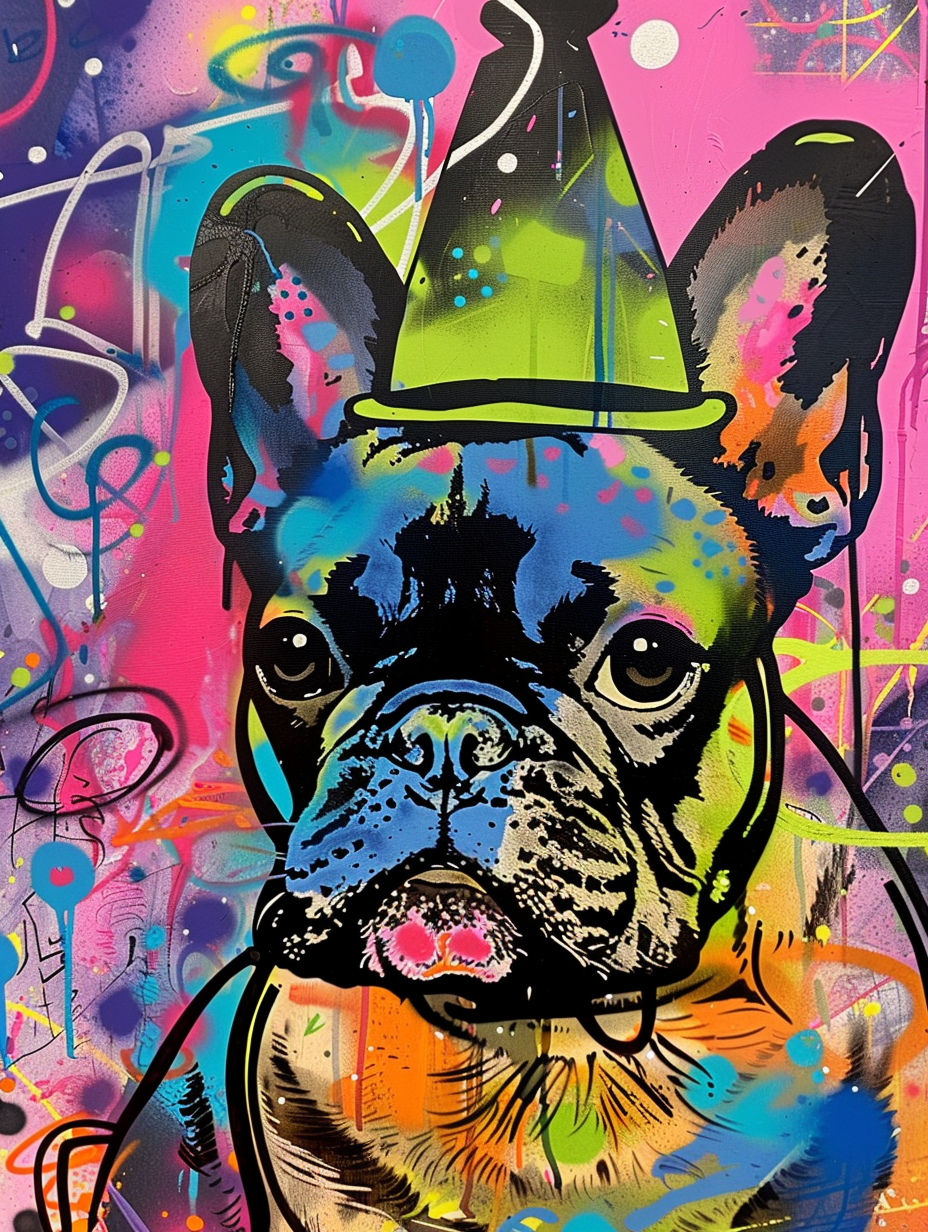 Colorful space French Bulldog dog with a hat Expressive surreal Poster # F024515