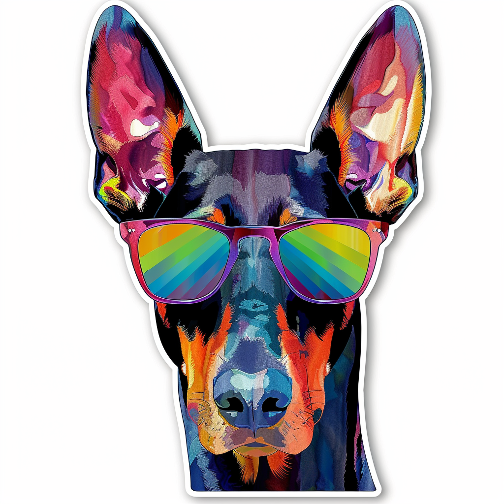 Sticker of a Doberman Pinscher Dog wearing sunglasses Expressive surreal Vinyl Decal Sticker for Car, Laptop, Tumbler and more # F019177