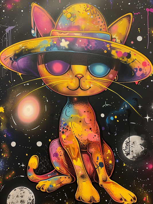 colorful space Manx cat with a hat Expressive surreal Poster # F025255