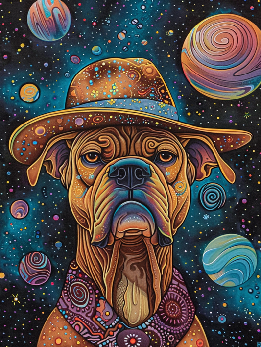 Colorful space Boxer dog with a hat Expressive surreal Poster # F025069