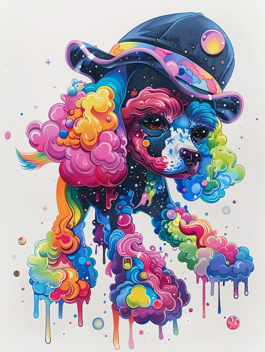 Colorful space Poodle dog with a hat Expressive surreal Poster # F024534