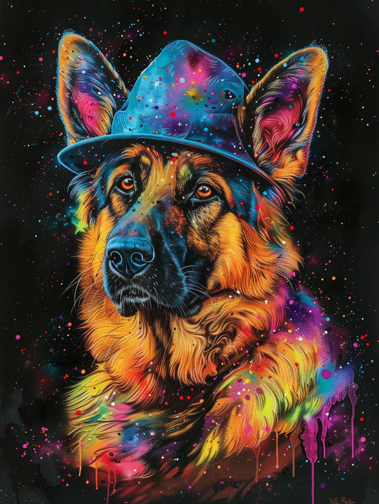 Colorful space German Shepherd dog with a hat Expressive surreal Poster # F024462
