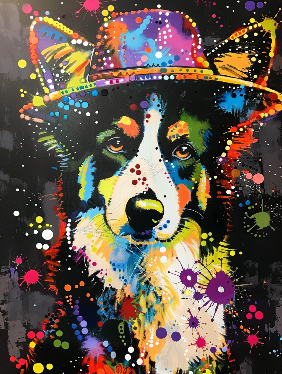 Colorful space Border Collie dog with a hat Expressive surreal Poster # F025145