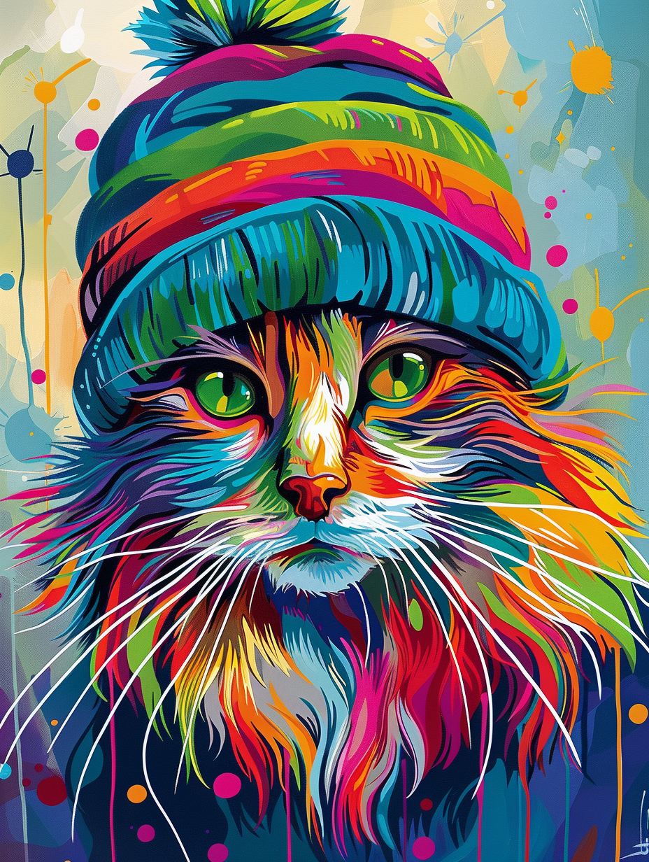 Colorful space Norwegian Forest Cat cat with a hat Expressive surreal Poster # F025356