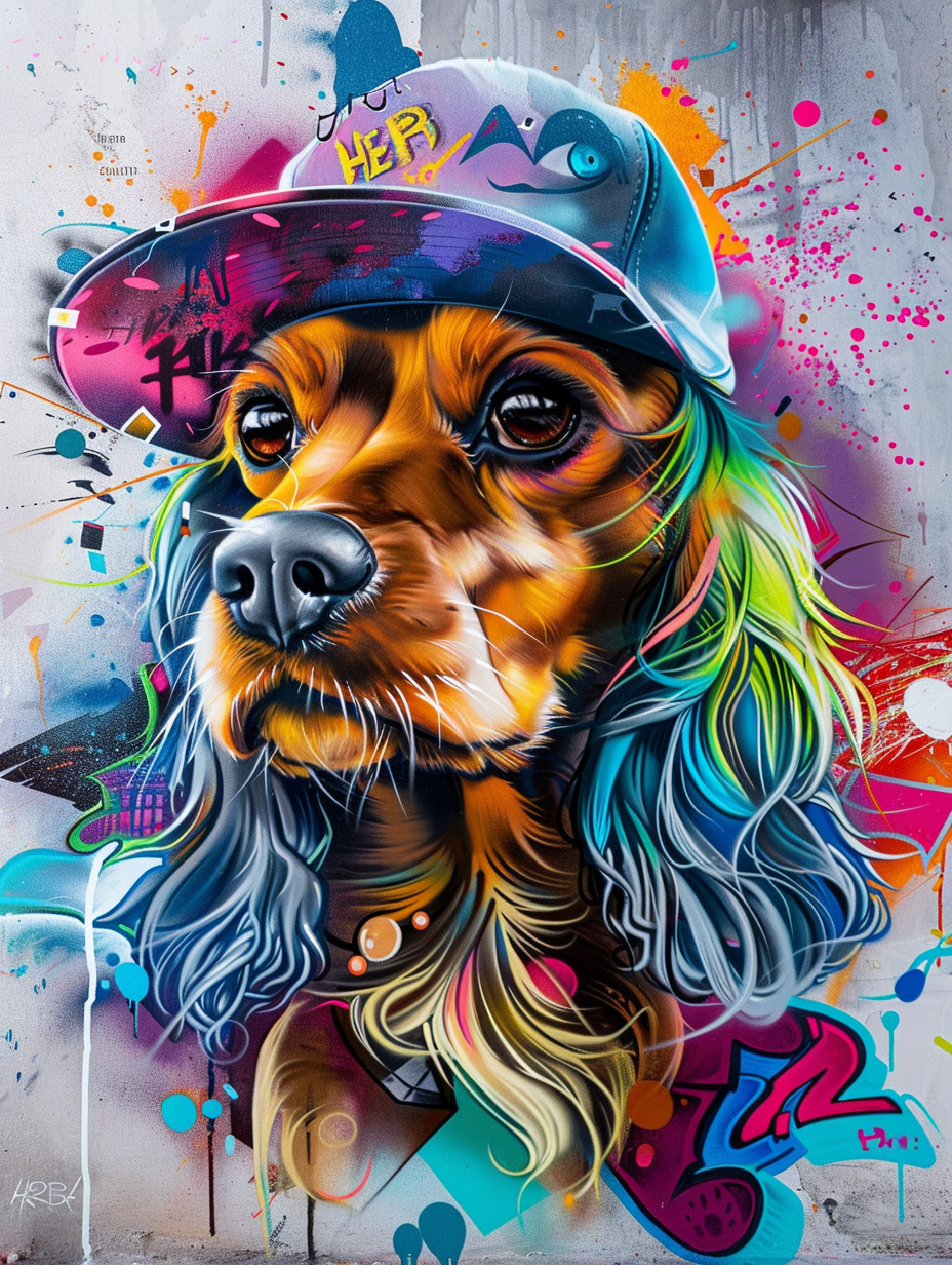 Colorful space Cocker Spaniel dog with a hat Expressive surreal Poster # F024550