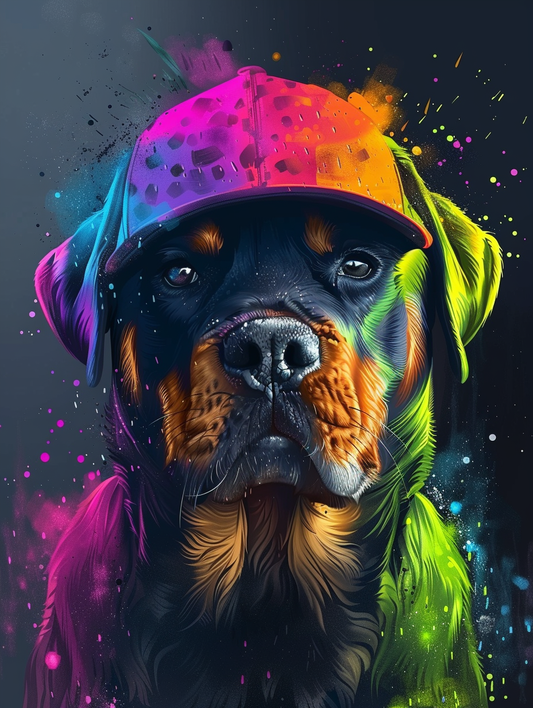 Colorful space Rottweiler dog with a hat Expressive surreal Poster # F024916