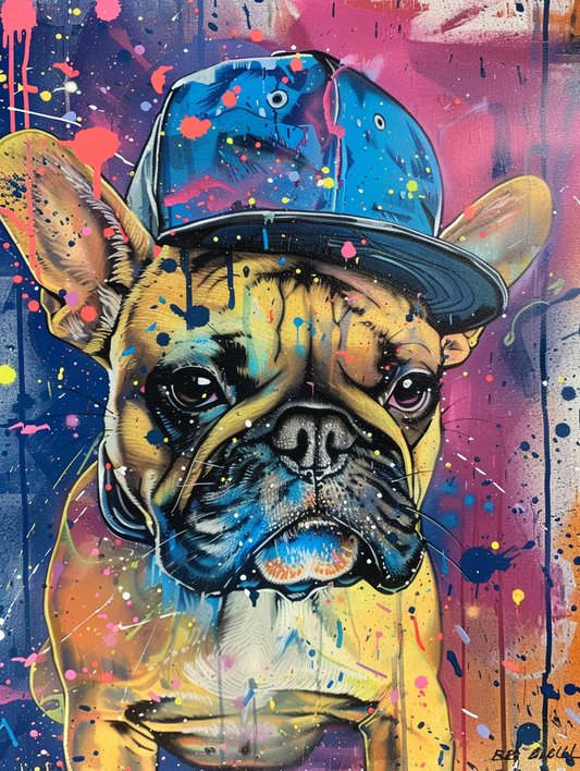 Colorful space Bulldog dog with a hat Expressive surreal Poster # F025547