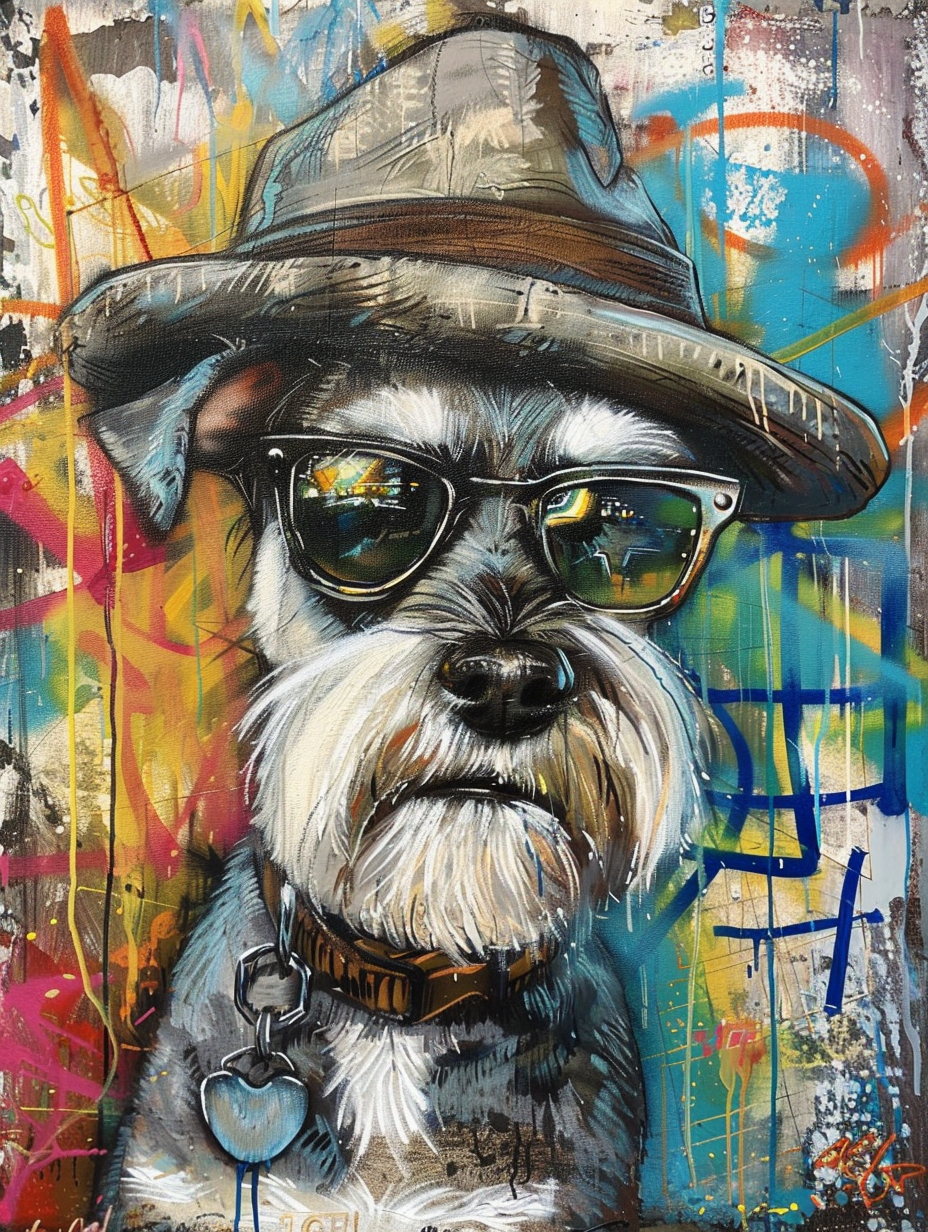 Colorful space Miniature Schnauzer dog with a hat Expressive surreal Poster # F024591