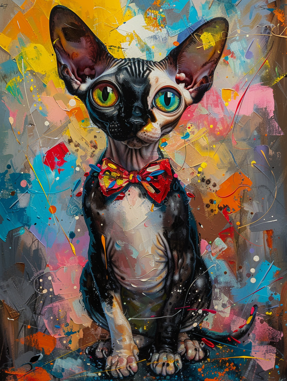 Colorful space Cornish Rex cat with a bow tie Expressive surreal Poster # F024343