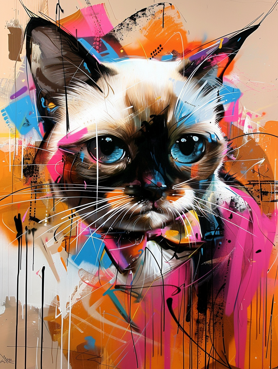 Colorful space Siamese cat with a bow tie Expressive surreal Poster # F024712