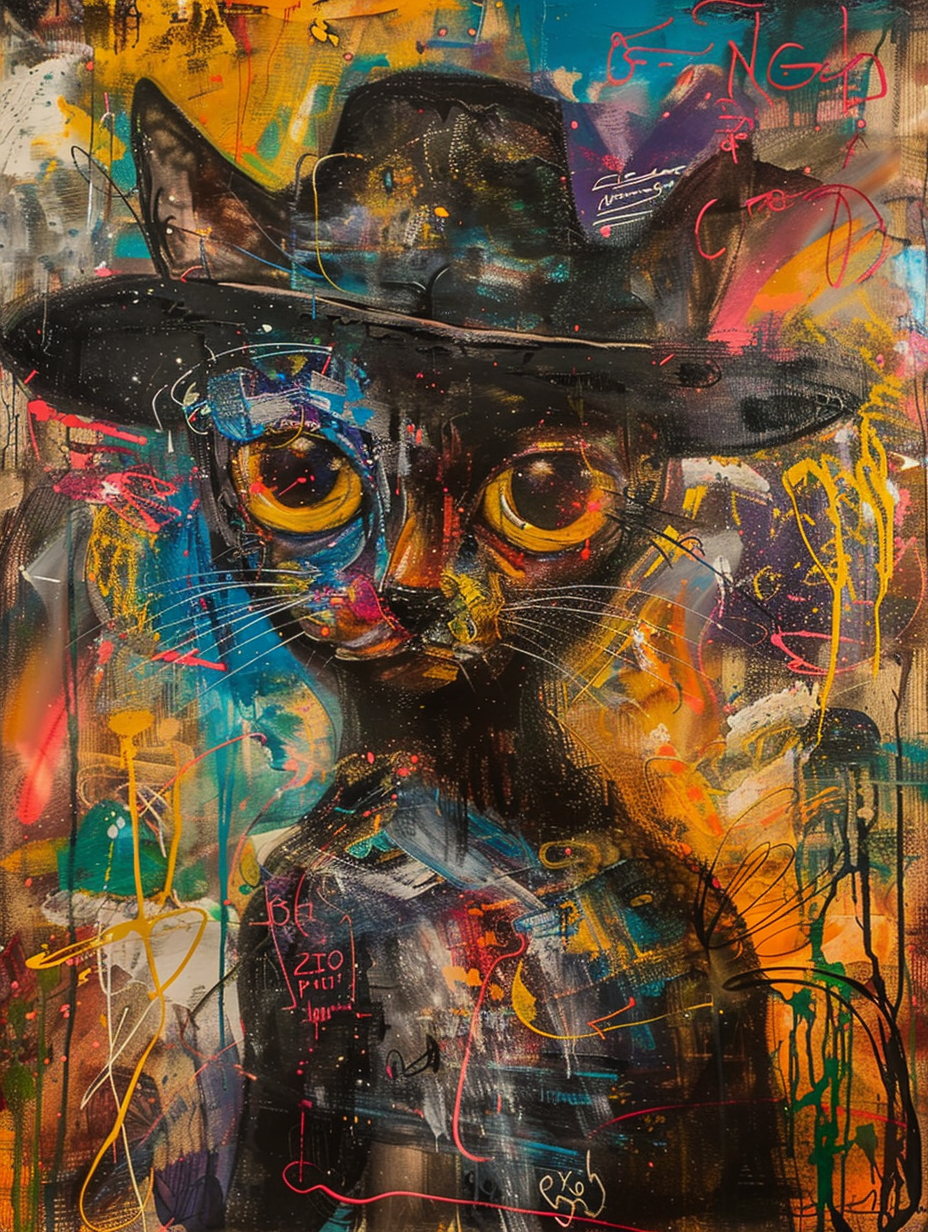 colorful space Burmese cat with a hat Expressive surreal Poster # F025374