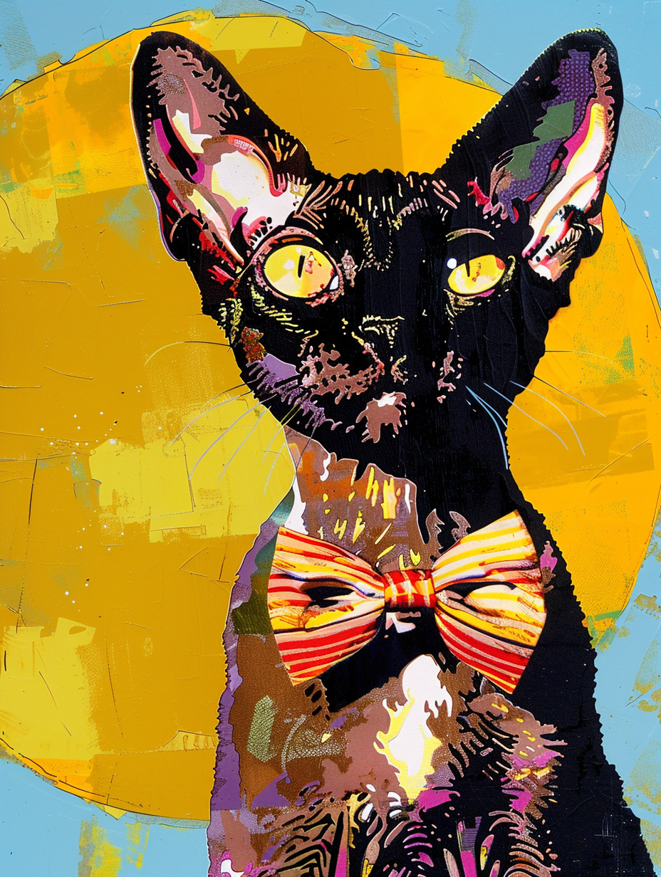 Colorful space Devon Rex cat with a bow tie Expressive surreal Poster # F024361
