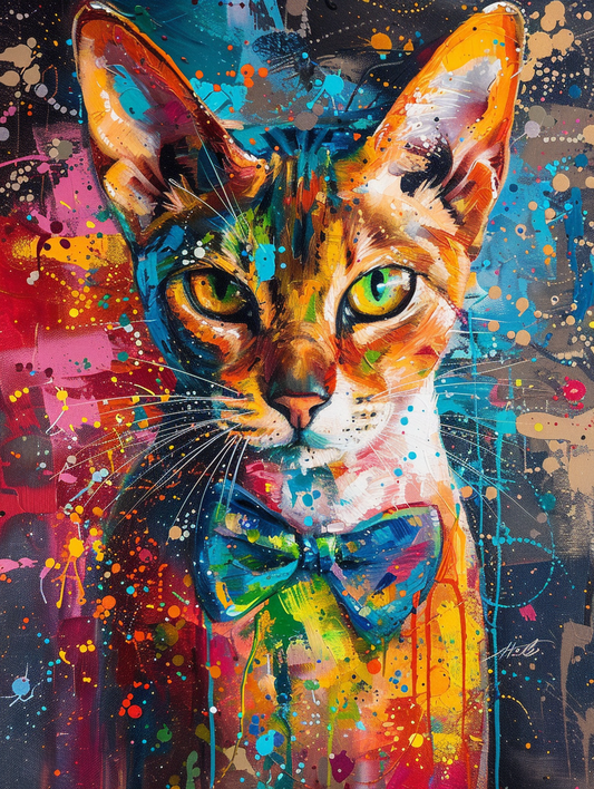 Colorful space Abyssinian cat with a bow tie Expressive surreal Poster # F024306