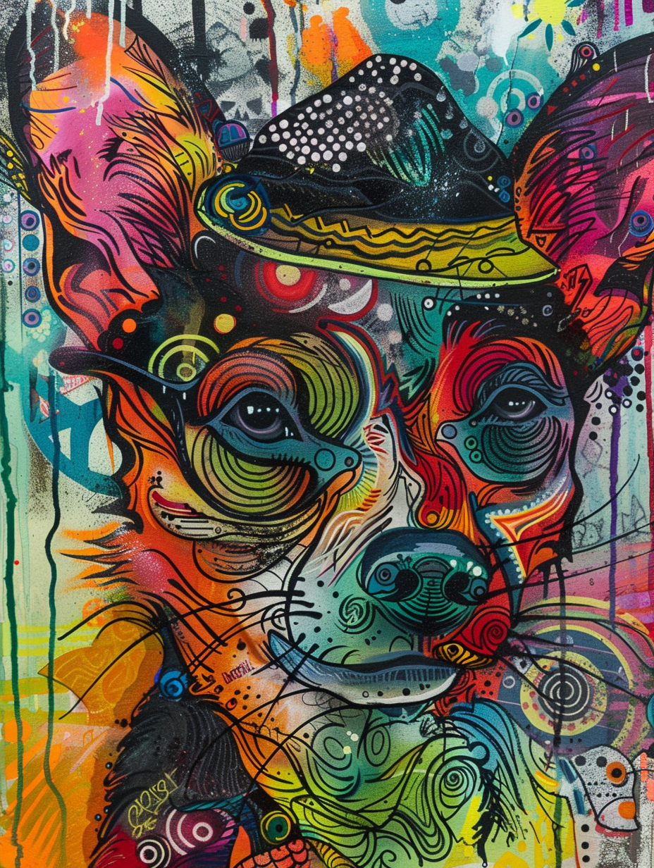 Colorful space Pembroke Welsh Corgi dog with a hat Expressive surreal Poster # F025478