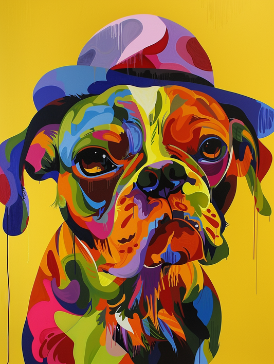 Colorful space Boxer dog with a hat Expressive surreal Poster # F025103