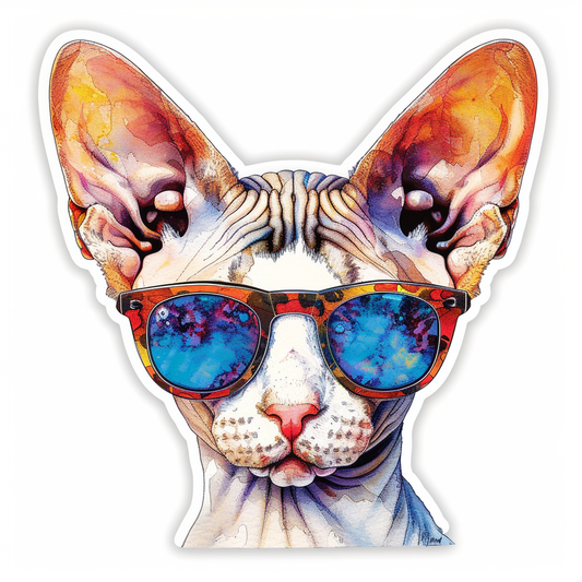 Cornish Rex Cat wearing sunglasses Expressive surreal Vinyl Decal Sticker for Car, Laptop, Tumbler and more # F020741-4" x 4"