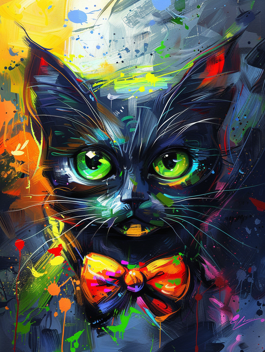 Colorful space Russian Blue cat with a bow tie Expressive surreal Poster # F024301