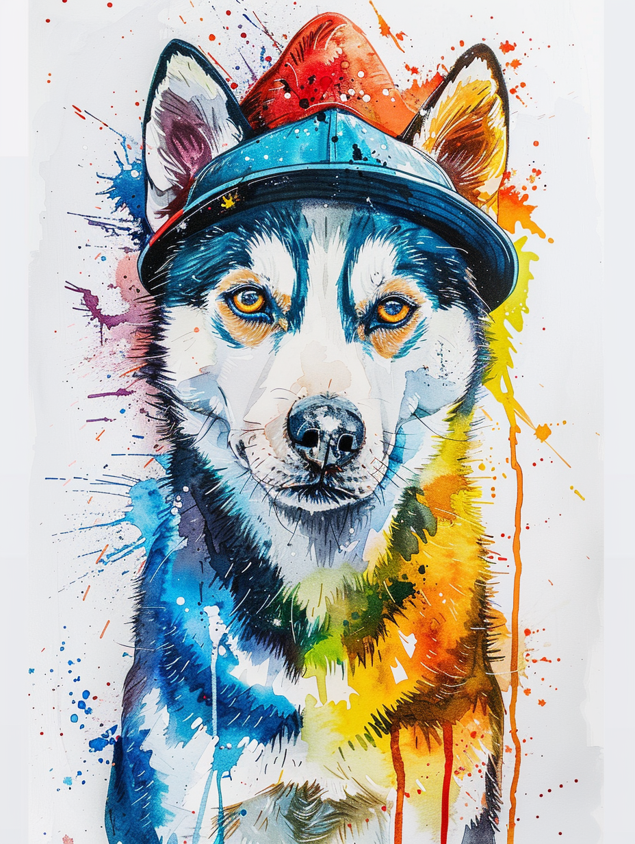 Colorful space Siberian Husky dog with a hat Expressive surreal Poster # F025500