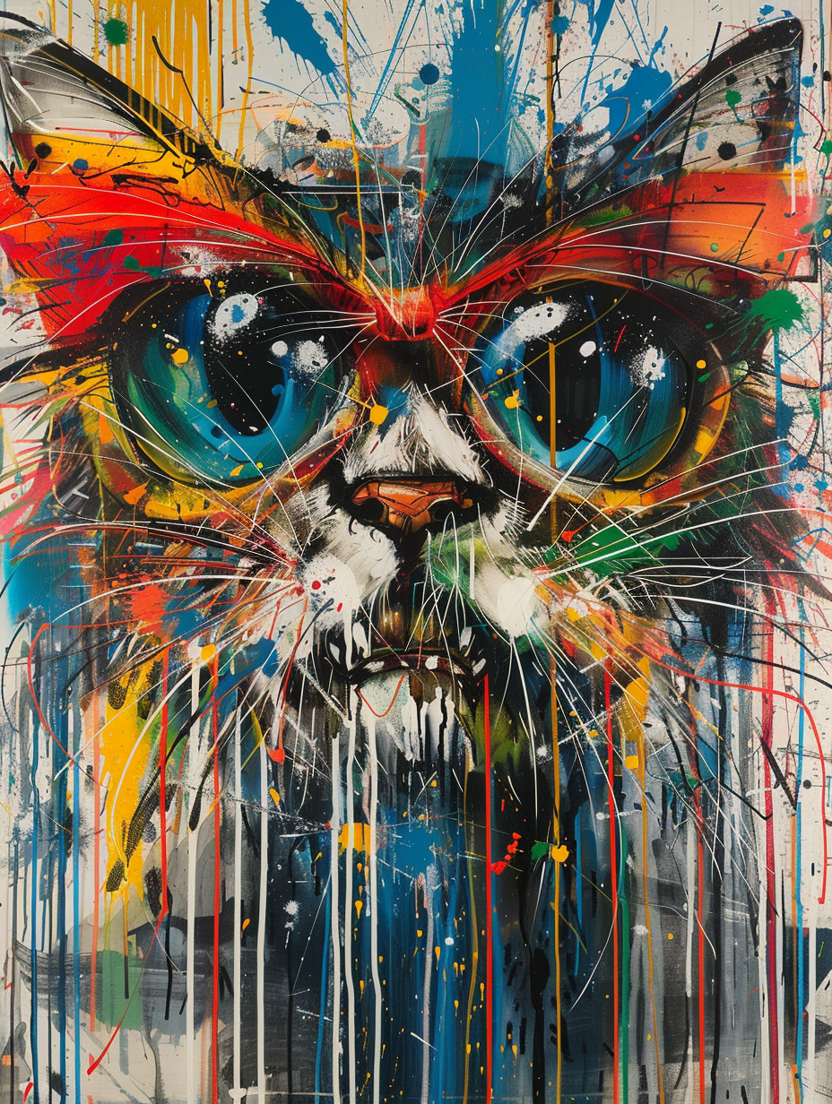 Colorful space Ragdoll cat with a bow tie Expressive surreal Poster # F024686