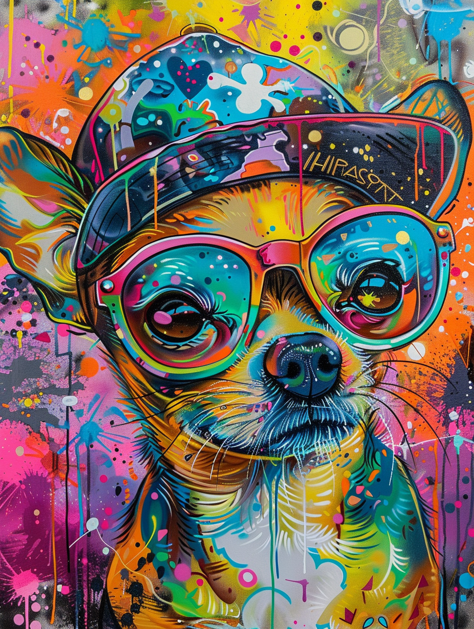 Colorful space Chihuahua dog with a hat Expressive surreal Poster # F025475