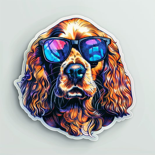 Cocker Spaniel Dog wearing sunglasses Expressive surreal Vinyl Decal Sticker for Car, Laptop, Tumbler and more # F020098-4" x 4"