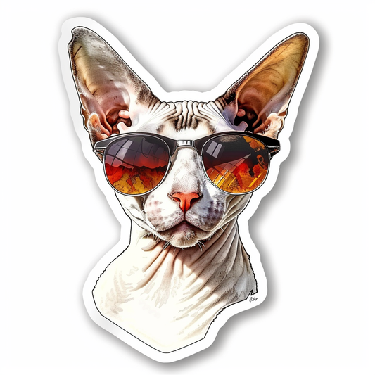 Cornish Rex Cat wearing sunglasses Expressive surreal Vinyl Decal Sticker for Car, Laptop, Tumbler and more # F020769-4" x 4"