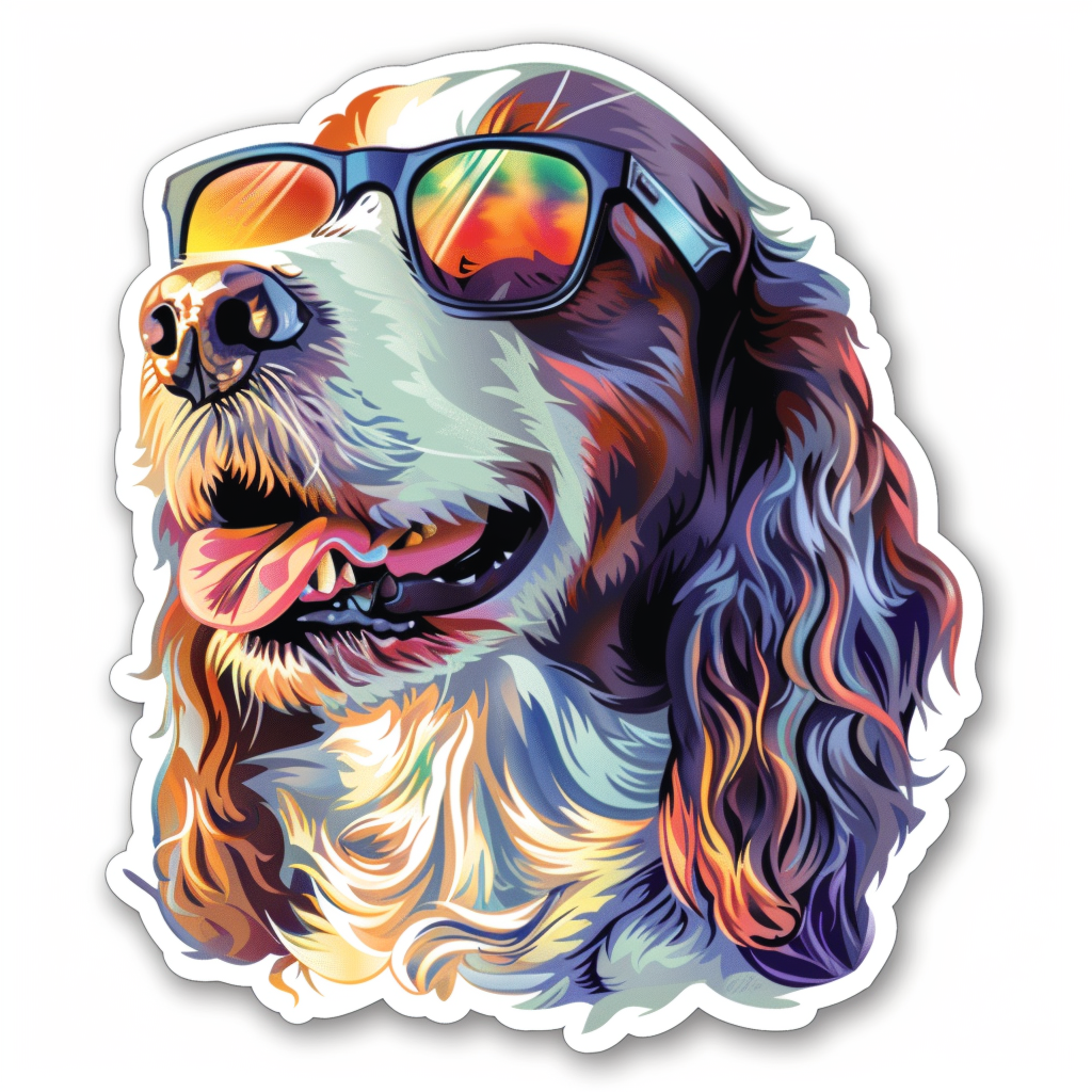 Sticker of a Cocker Spaniel Dog wearing sunglasses Expressive surreal Vinyl Decal Sticker for Car, Laptop, Tumbler and more # F020133