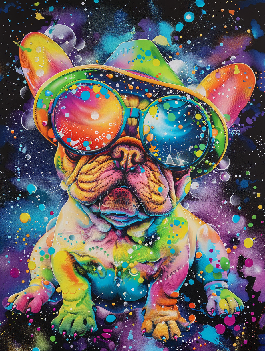 Colorful space Bulldog dog with a hat Expressive surreal Poster # F024493