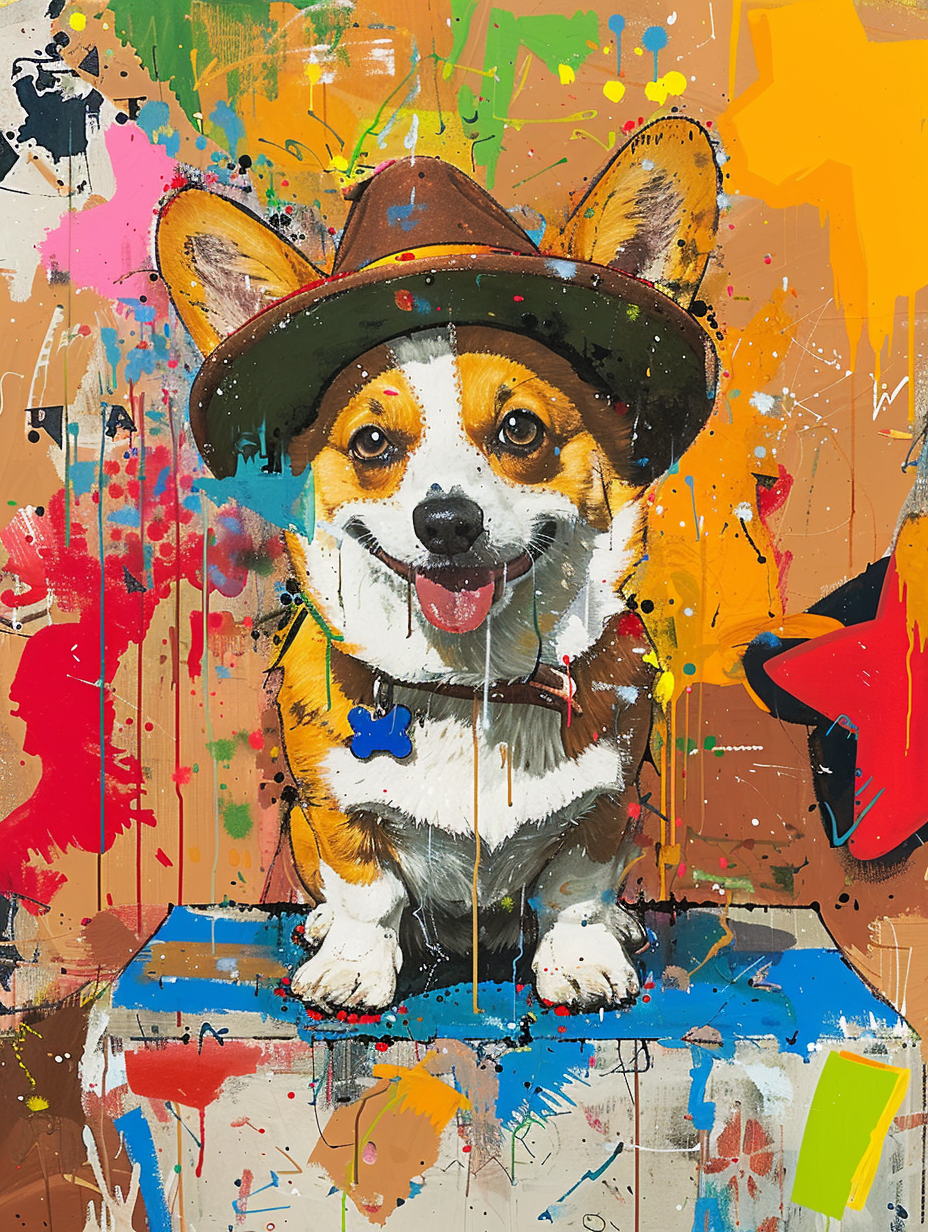 Colorful space Pembroke Welsh Corgi dog with a hat Expressive surreal Poster # F025179