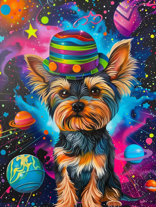 Colorful space Yorkshire Terrier dog with a hat Expressive surreal Poster # F024927